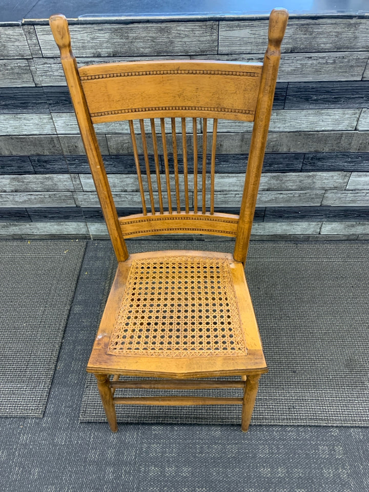 VTG WOOD ACCENT CHAIR W WOVEN SEAT.