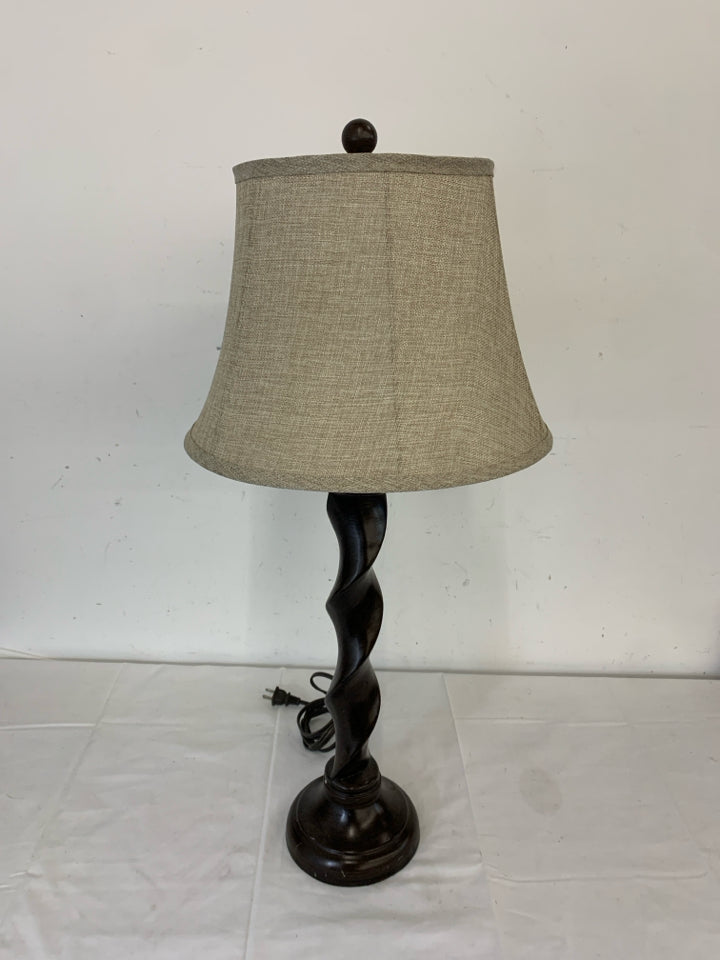 TALL BROWN SWIRL BASE LAMP W CREAM SHADE.