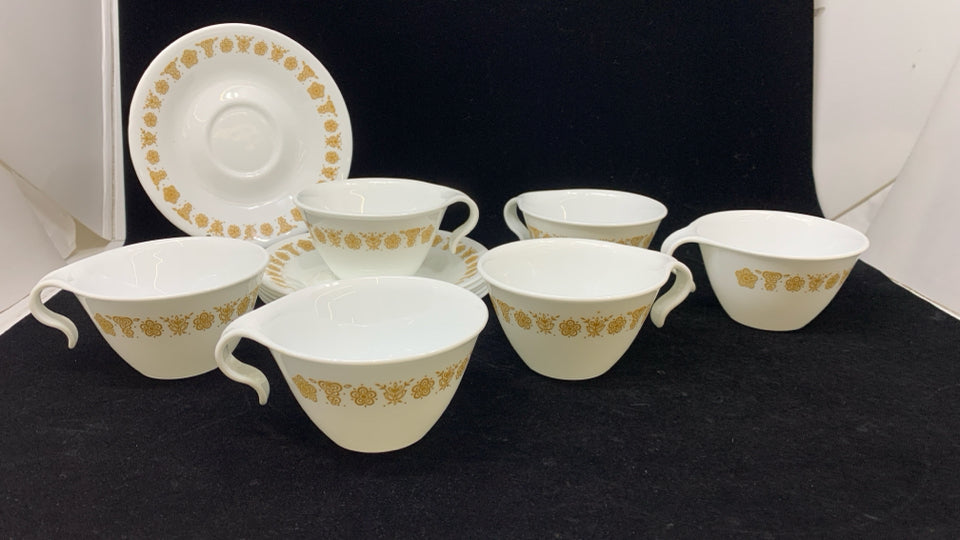 12 PC SVC 6 CORELLE BUTTERFLY GOLD HOOK HANDLE TEACUPS /SAUCERS.