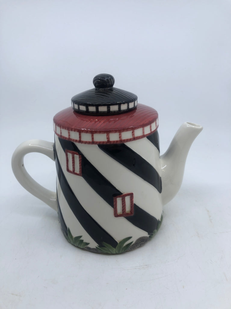 LIGHTHOUSE TEAPOT- BLACK,WHITE+RED 7.