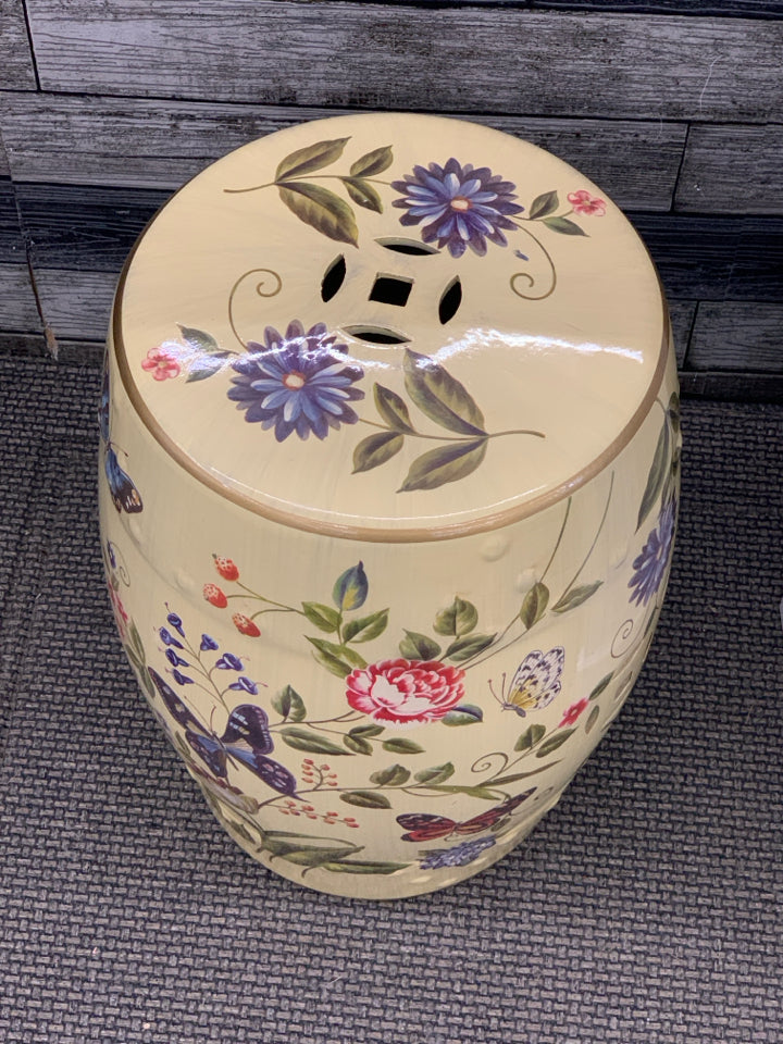 FLOWER PAINTED YELLOW CERAMIC GARDEN STOOL.