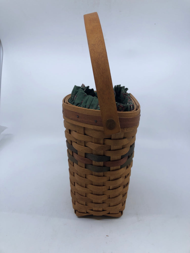 1993 HALF ROUND BASKET W/GREEN LINER, PROTECTOR, SWING HANDLE.