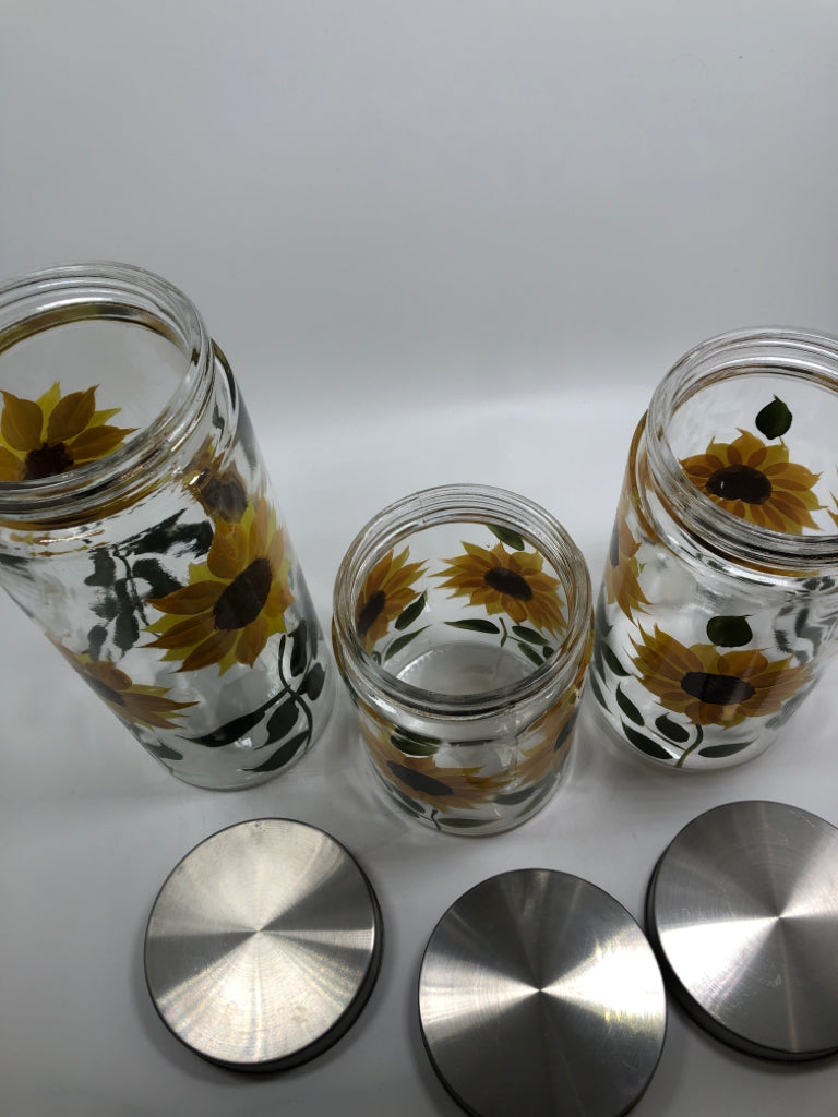 3PC SUNFLOWER PAINTED GLASS CANISTERS.