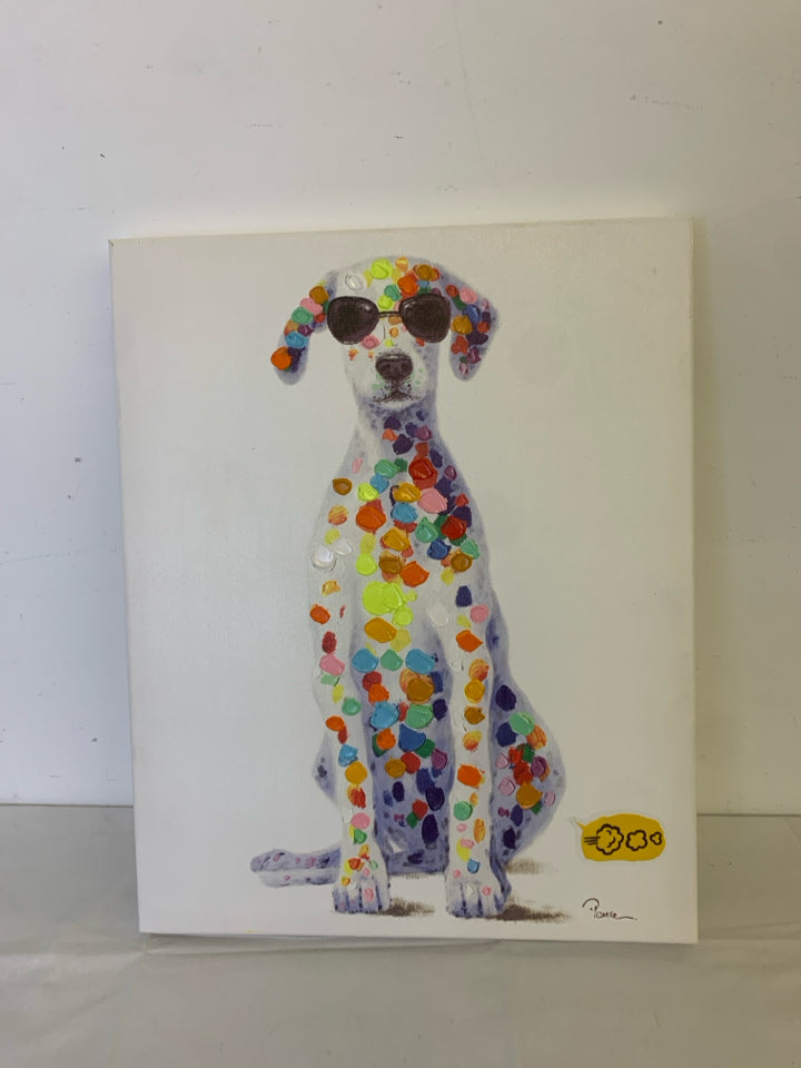 DOG CANVAS W/ GLASSES COLORED POLKA DOTS.