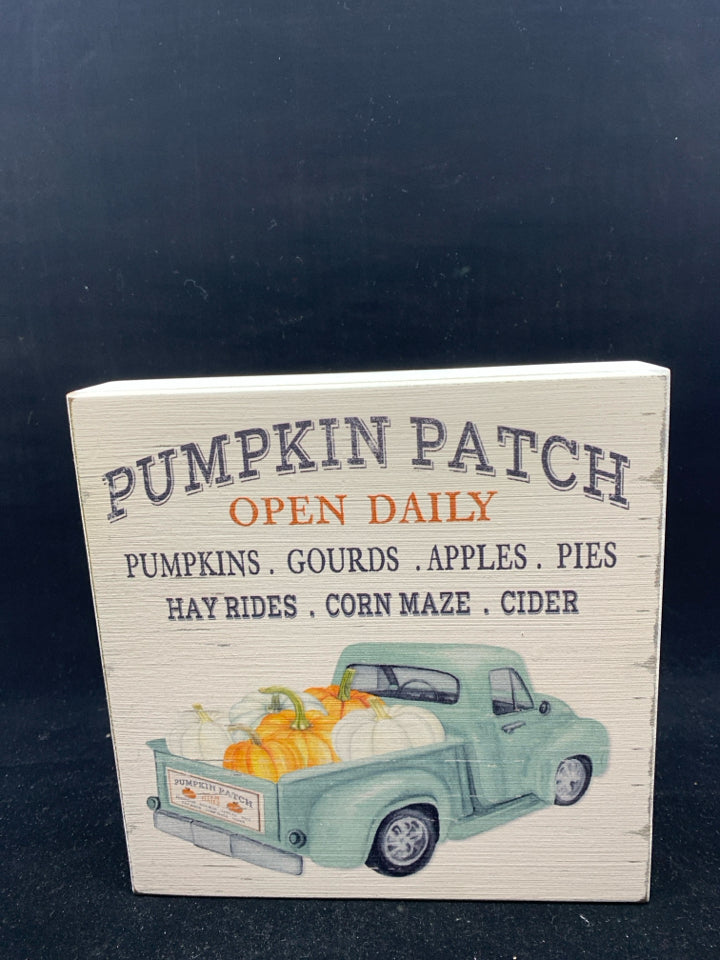 PUMPKIN PATCH OPEN DAILY TEAL OLD TRUCK W/ PUMPKINS.