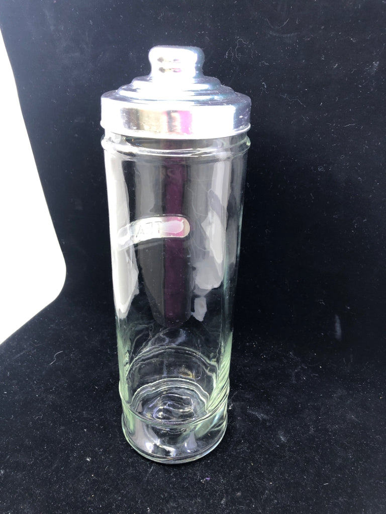 TALL CLEAR GLASS TEA CANISTER W SILVER LID.