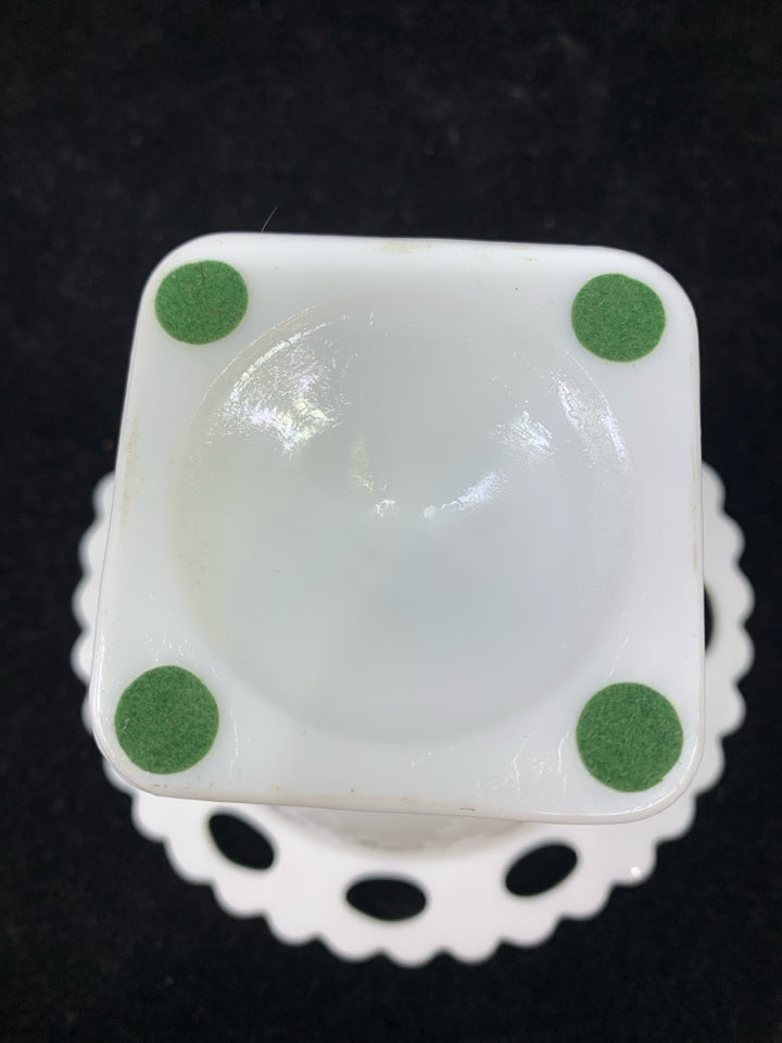 VTG MILK GLASS LACED EDGE FOOTED CANDY DISH.