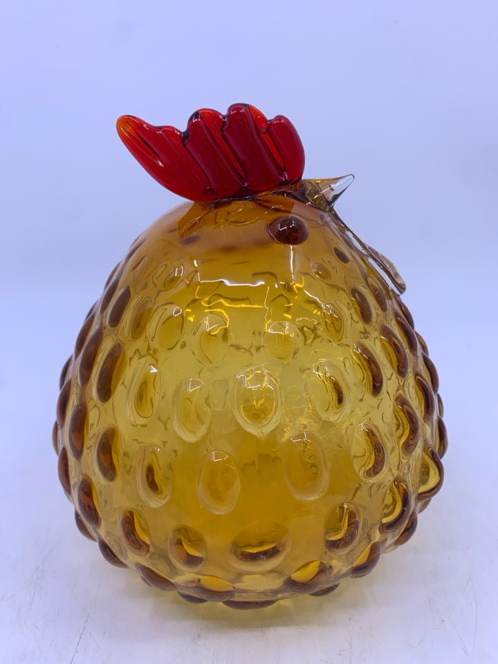 AMBER AND RED GLASS HOBBNAILED HEN.