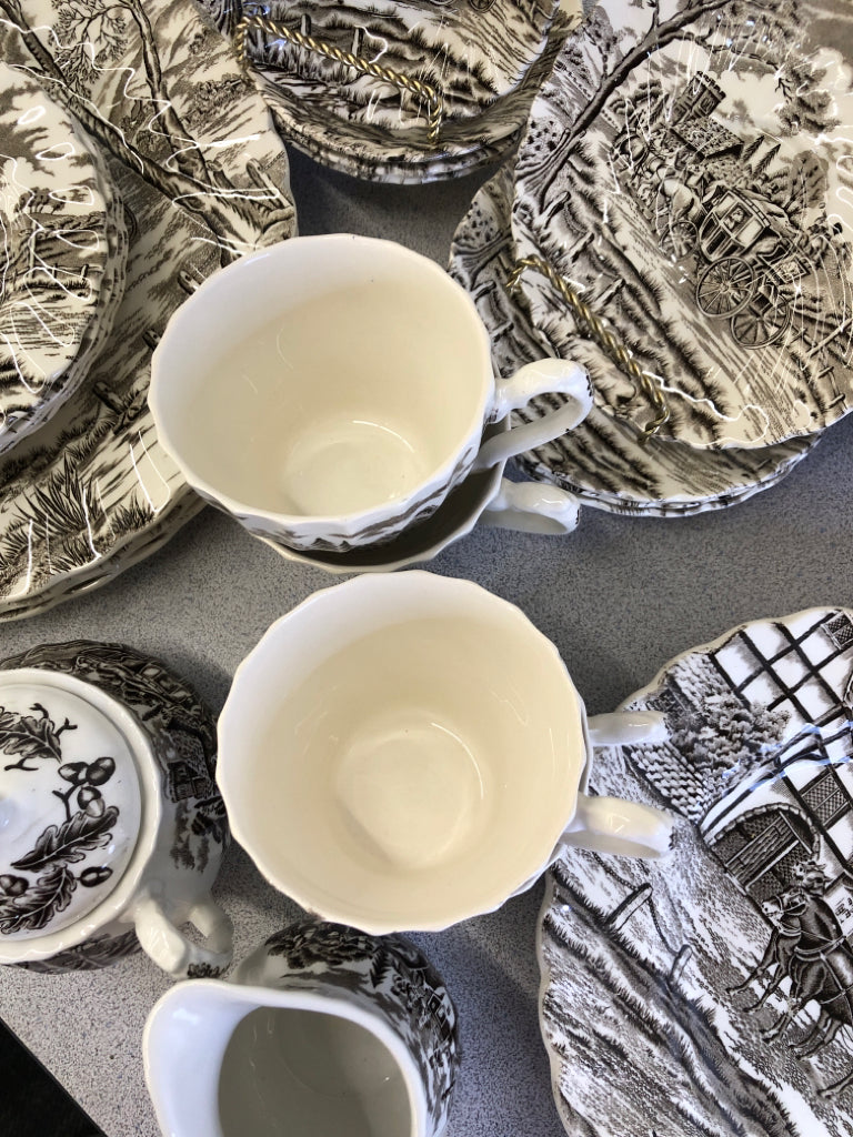 26 PC VTG BROWN VILLAGE PATTERN DINNER SET- CREAMER AND SUGAR, ROUND SERVER W LI