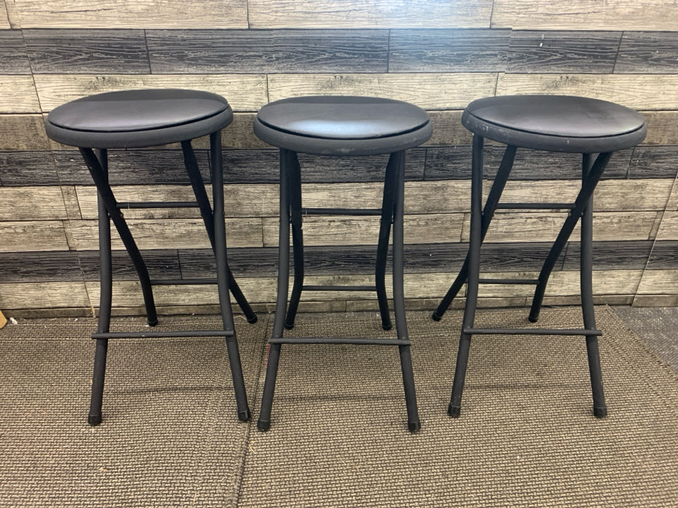3 BLACK METAL FOLDING STOOLS-VERY MINOR MARKINGS.