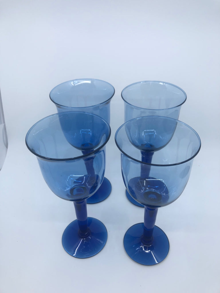 4 BLUE GLASS WINE GOBLET GLASSES.