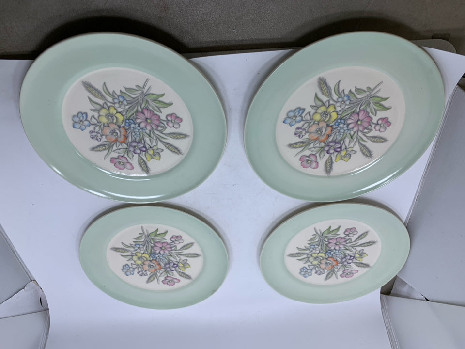 4 VTG PALE GREEN EDGE W/ FLORAL BOUQUET IN CENTER.
