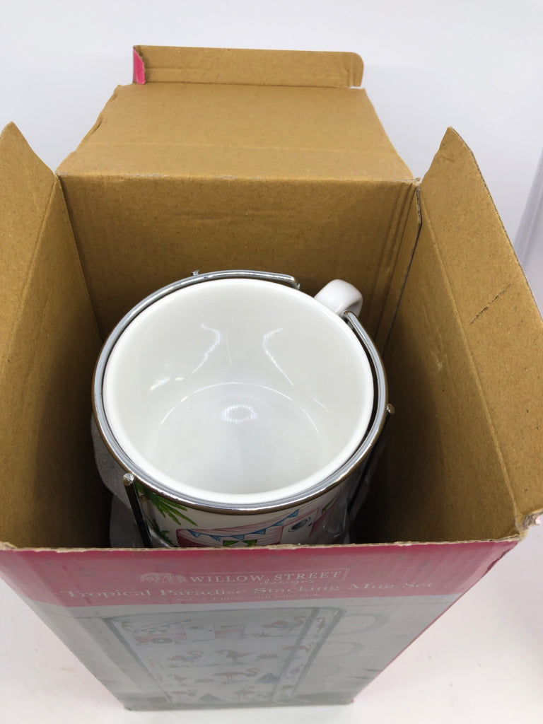 NIB TROPICAL PARADISE STACKING MUGS W/ FLAMINGOS.