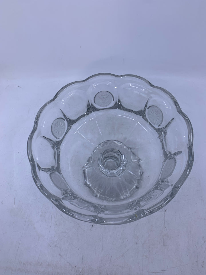 HEAVY FOOTED CLEAR GLASS PEDESTAL BOWL W/ PRESSED COIN LOOK.