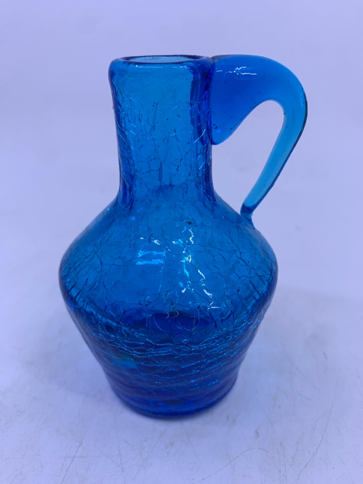 MINI BLUE CRACKLE GLASS PITCHER.
