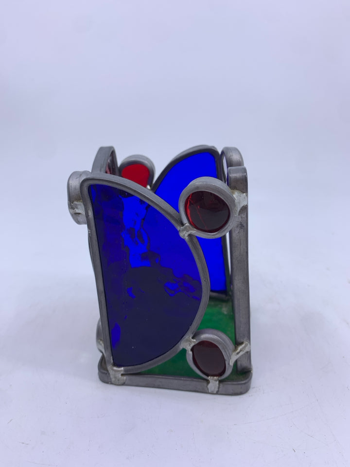 STAIN GLASS ABSTRACT VOTIVE HOLDER.