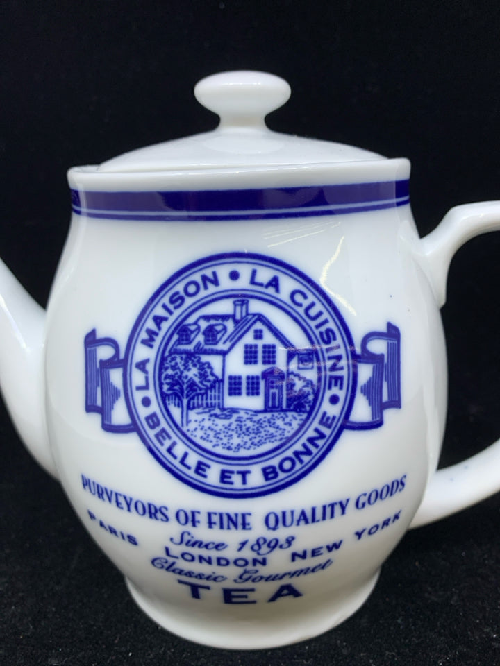 BLUE AND WHITE TEA POT.