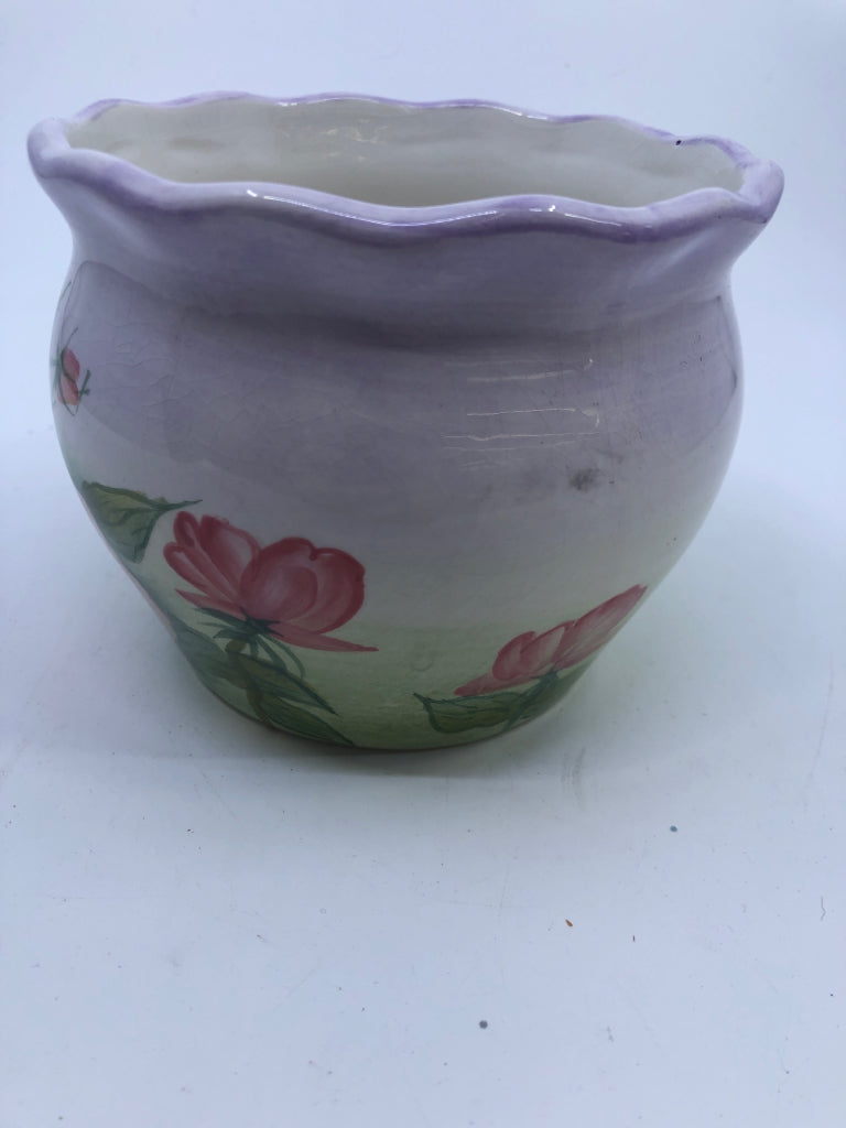 PINK FLOWER AND PURPLE PAINTED CERAMIC PLANTER.