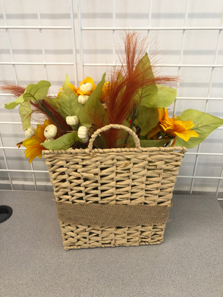 FAUX YELLOW BOUQUET IN WICKER BASKET WALL POCKET.