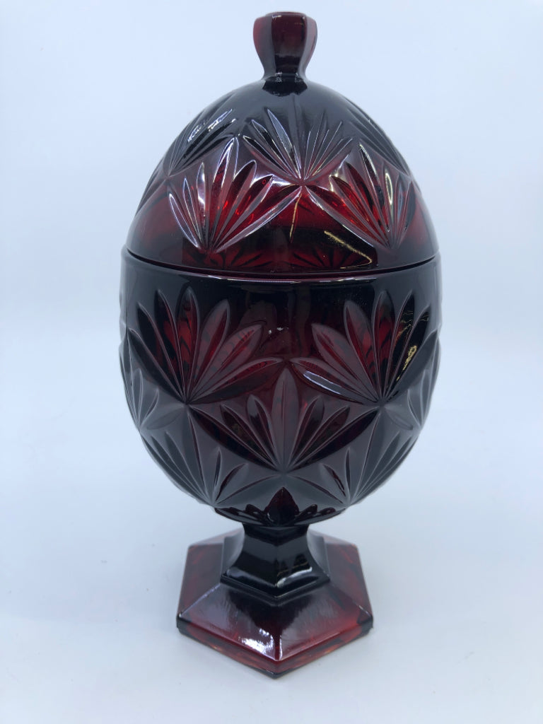 RED FOOTED EGG SHAPED CANISTER HARD CUT GLASS.