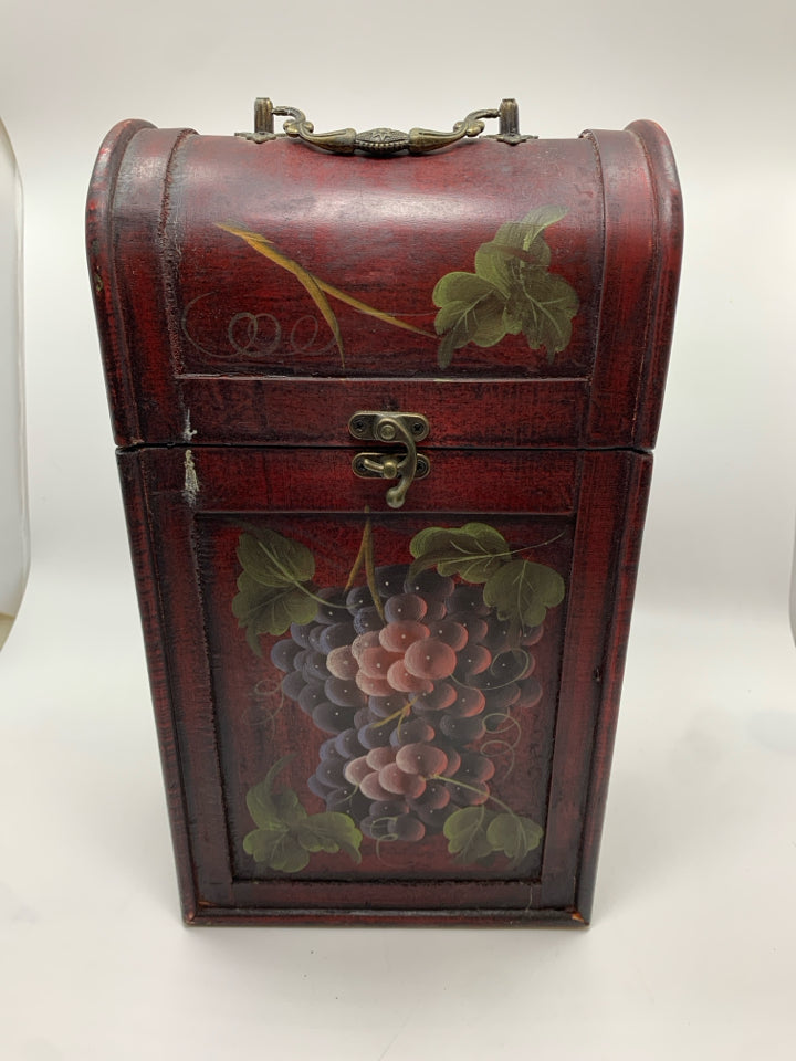 WOOD WINE BOX W/PAINTED GRAPES.