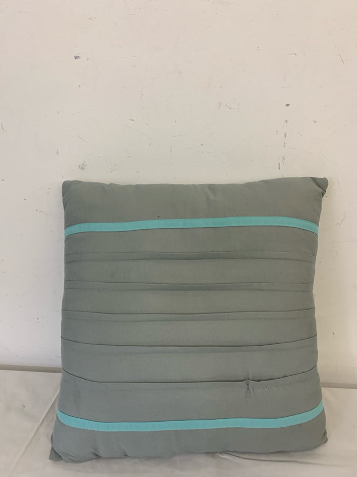 GREY W TEAL STRIPE SQUARE PILLOW.