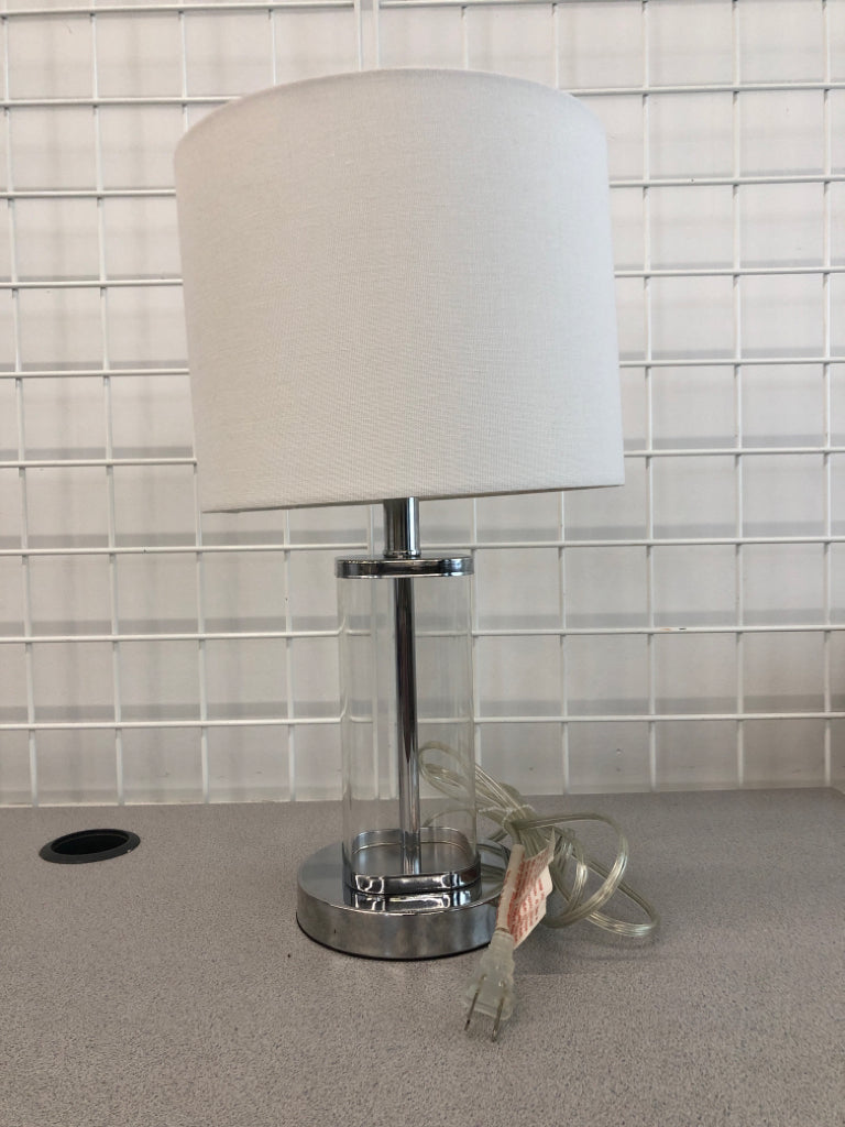 CLEAR BASE METAL LAMP W/CANVAS SHADE.