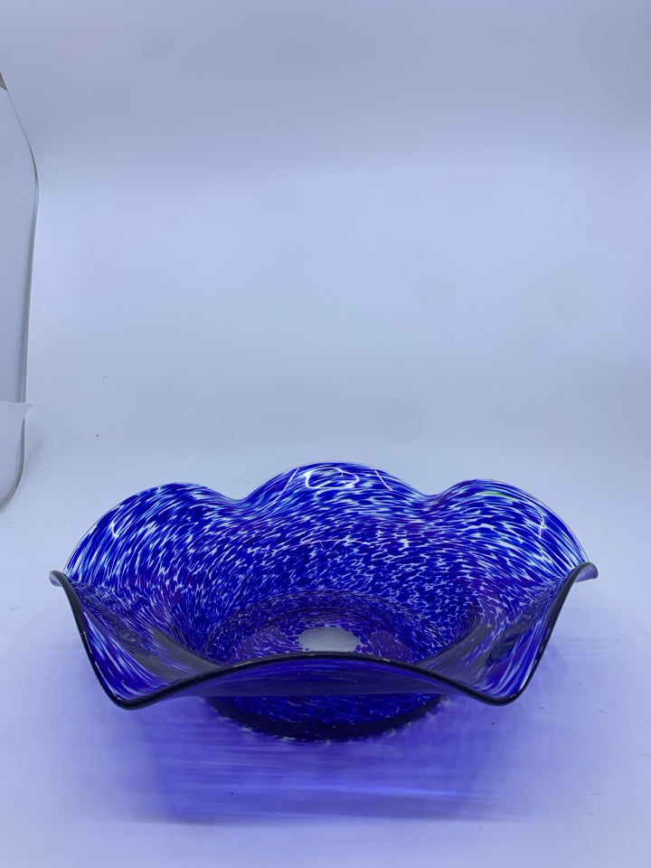 BLUE WAVY EDGE BLOWN GLASS BOWL.