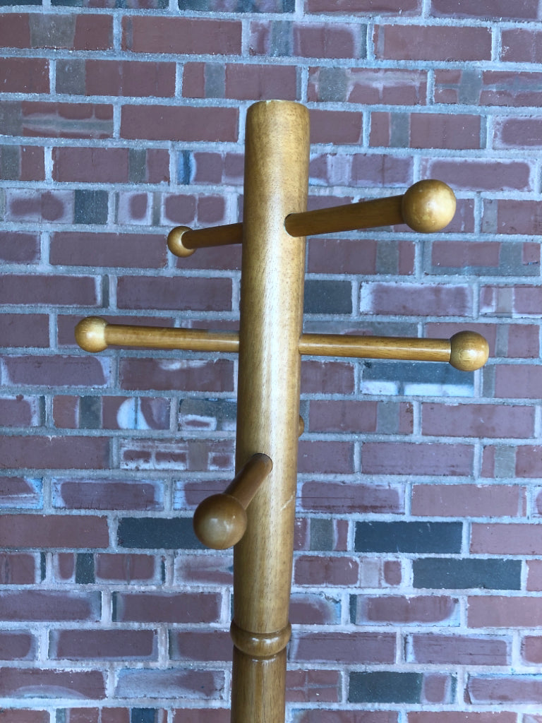 TALL WOODEN COAT RACK.