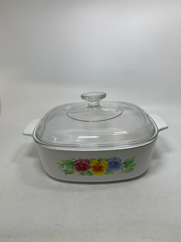 CORNING WARE SUMMER BLUSH PANSY PATTERN CASSEROLE DISH W/ LID.