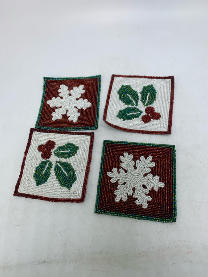 4 BEADED SNOWFLAKES/HOLLY COASTERS.