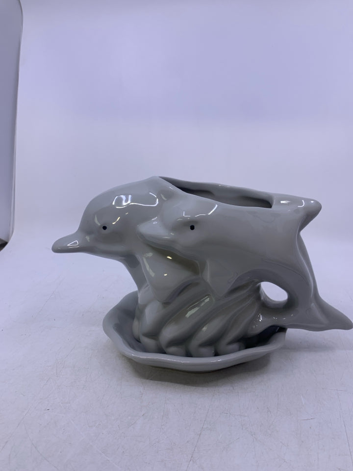 HEAVY GREY GLAZED DOUBLE DOLPHIN PLANTER.