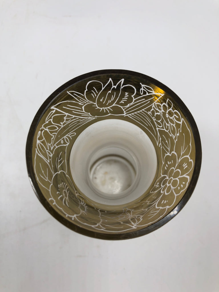 VTG ITALIAN FROSTED GLASS BUD VASE GOLD ACCENTS.
