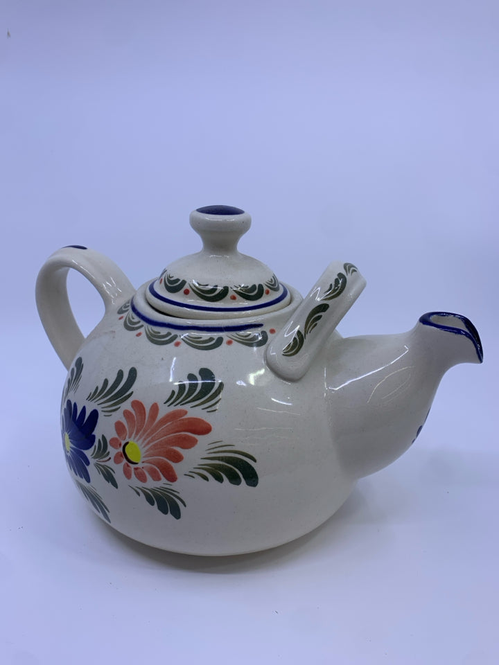 BLUE AND PINK FLORAL TEAPOT WITH EXTRA HANDLE.