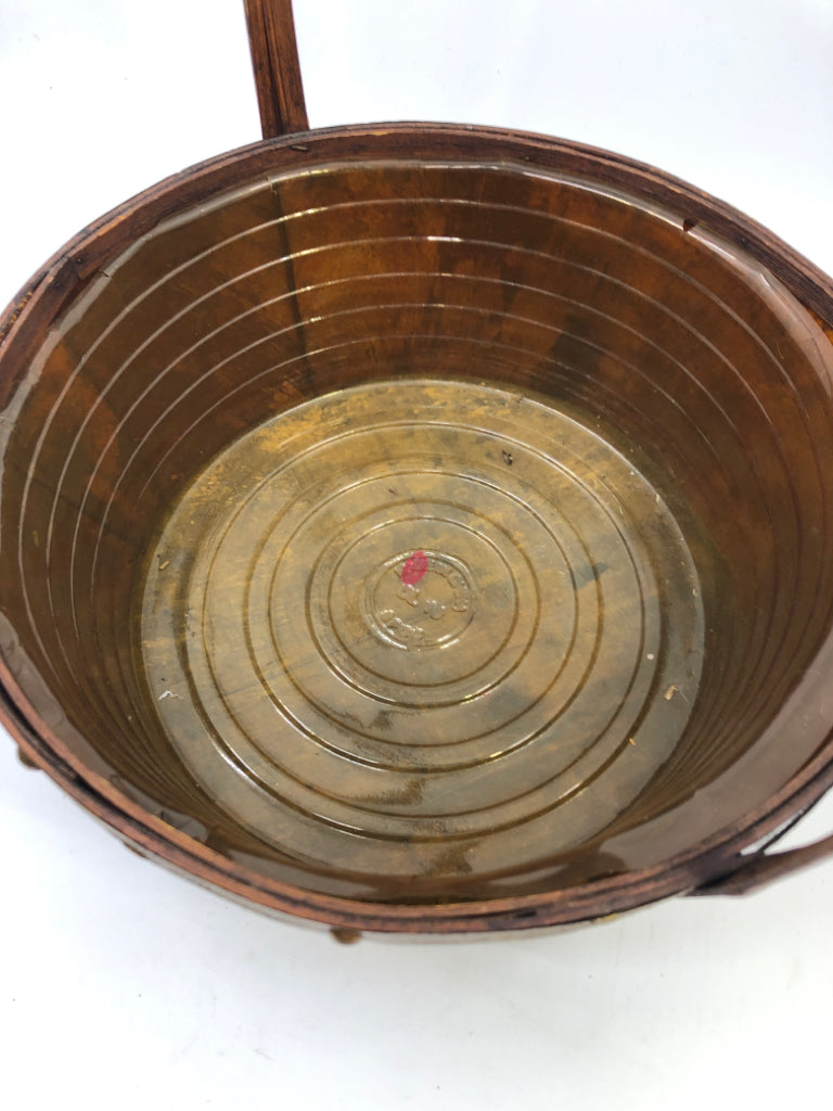 DARK BROWN WOOD BASKET W/ GOLD ACCENTS.
