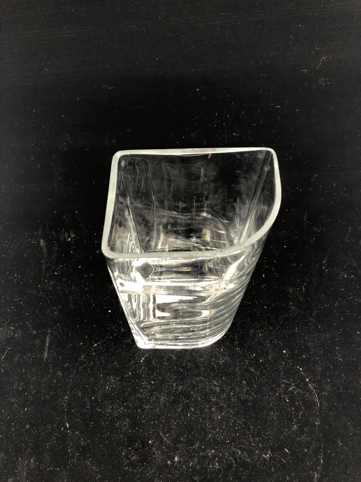 SQUARE THICK CLEAR GLASS VASE W/ CURVED SIDE.