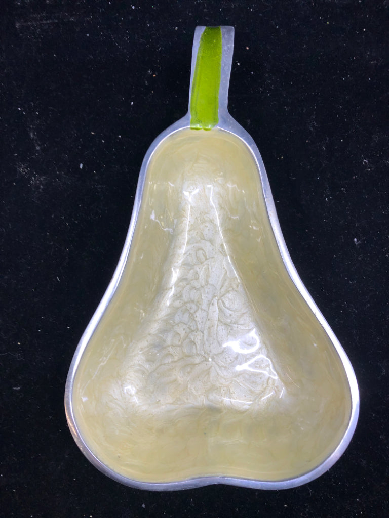 METAL PEAR SHAPED BOWL W YELLOW INSIDE.