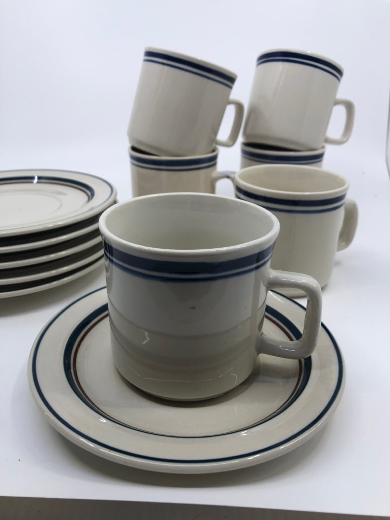 6 STONEWARE MUGS/SAUCERS.