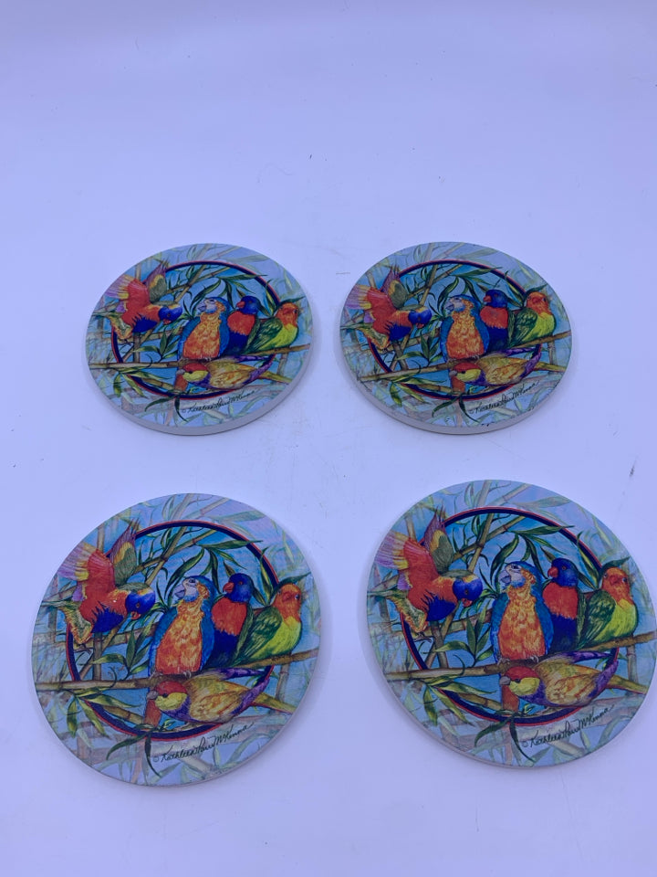 4 ROUND POTTERY COASTERS BIRDS.