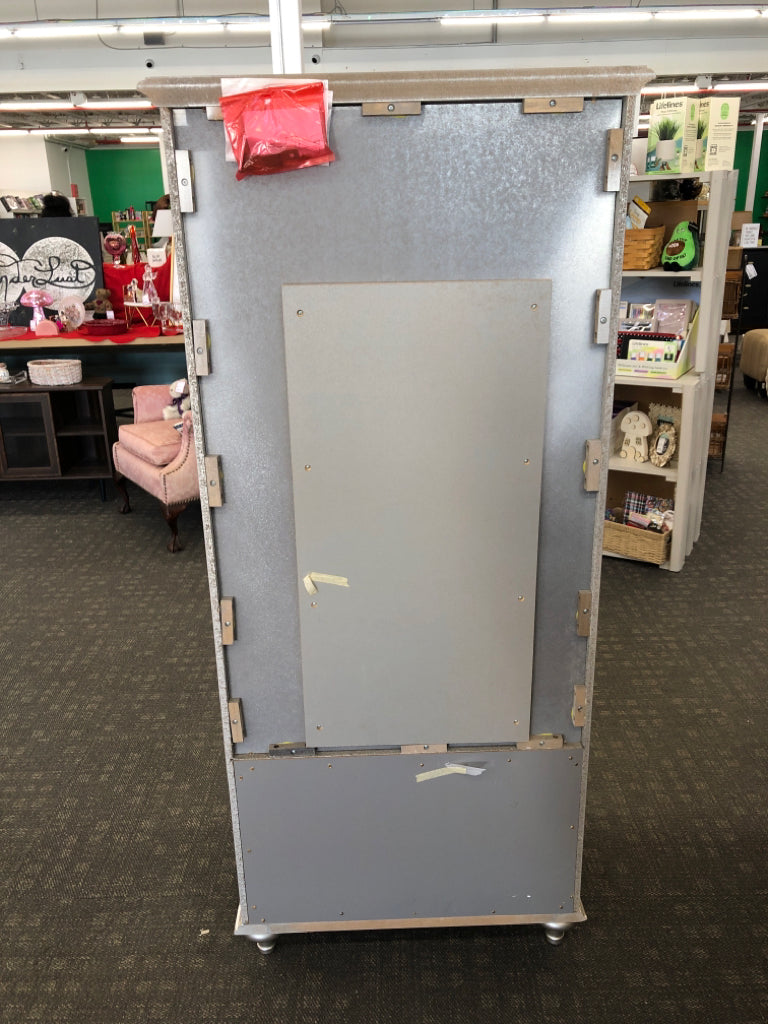 SILVER ARMOIRE W/MIRRORED DOOR & 2 DRAWERS *MINOR WEAR.