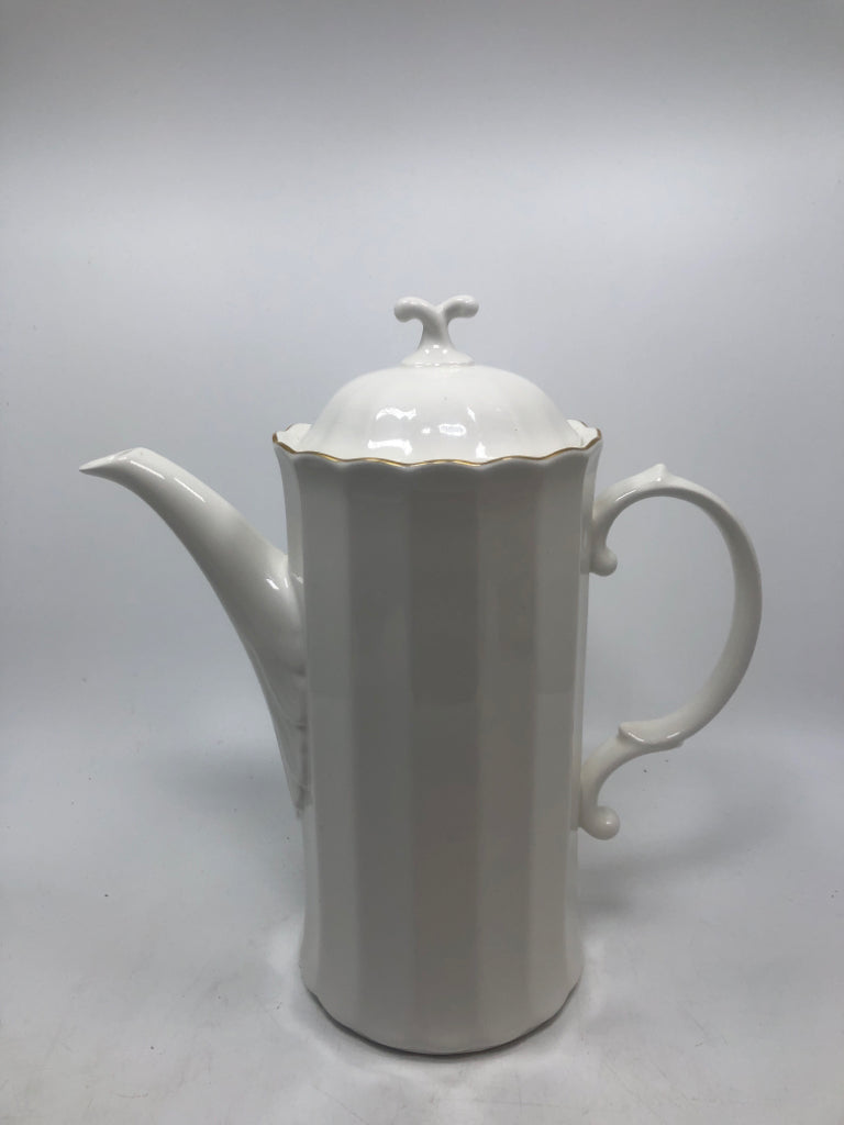 MIKASA WHITE RIBBED COFFEE POT W/GOLD RIM.