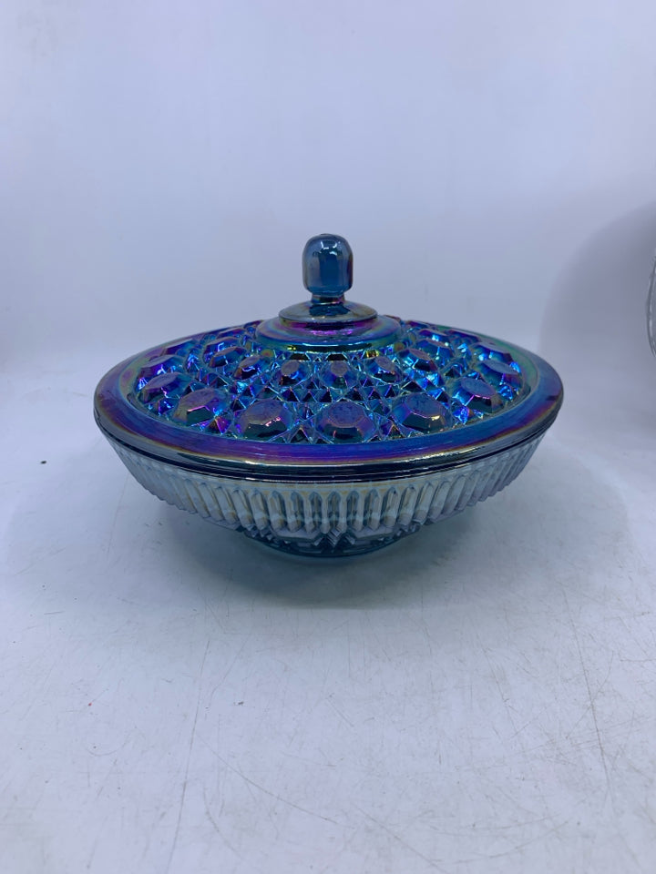 VTG BLUE CARNIVAL GLASS W/ LID.