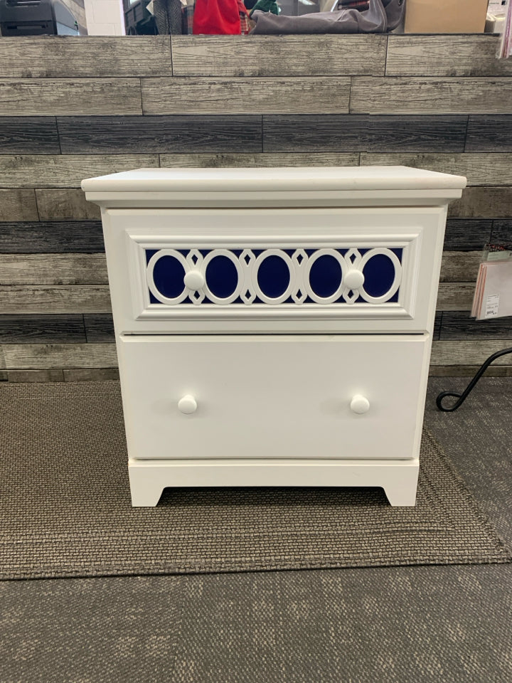 WHITE W BLUE ACCENTS 2 DRAWER NIGHT STAND.