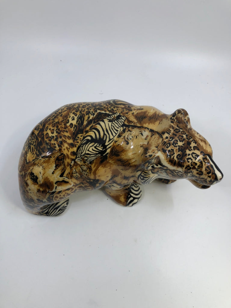 SAFARI PATCHWORK BEAR CERAMIC W/FABRIC OVERLAY GLAZE.