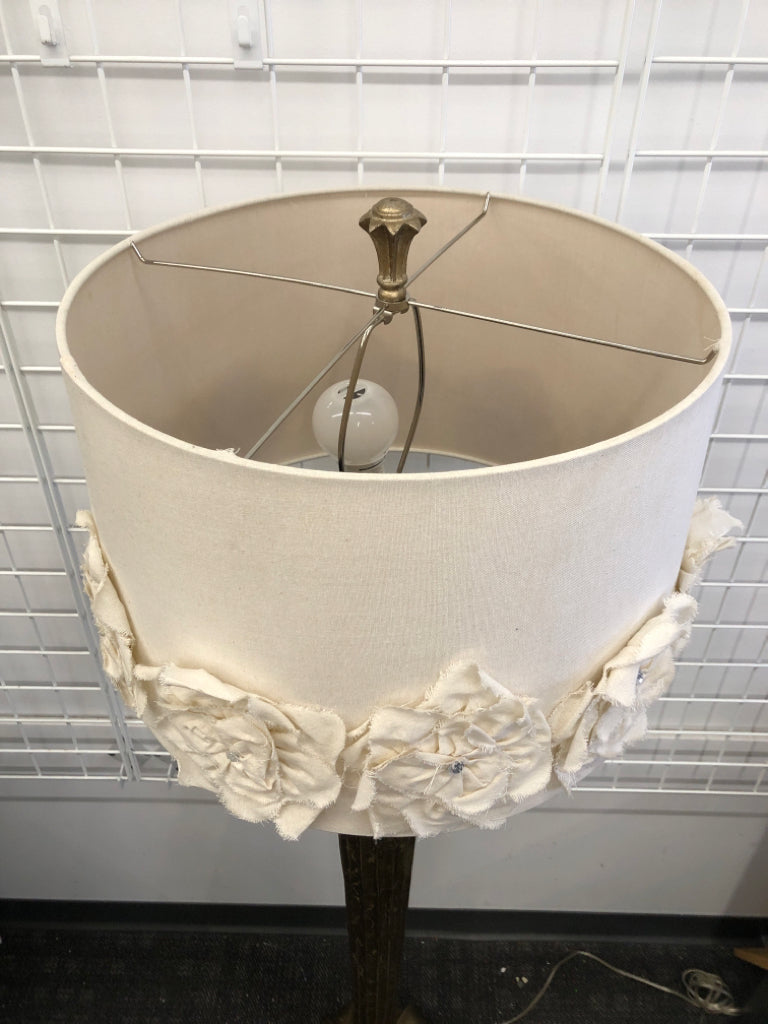 GOLD BASE FLOOR LAMP W WHITE RUFFLED SHADE.