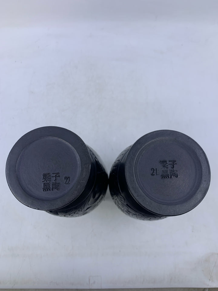 2 BLACK CHINESE CLAY PIERCED VASE W/ GOLD SCRIPT.
