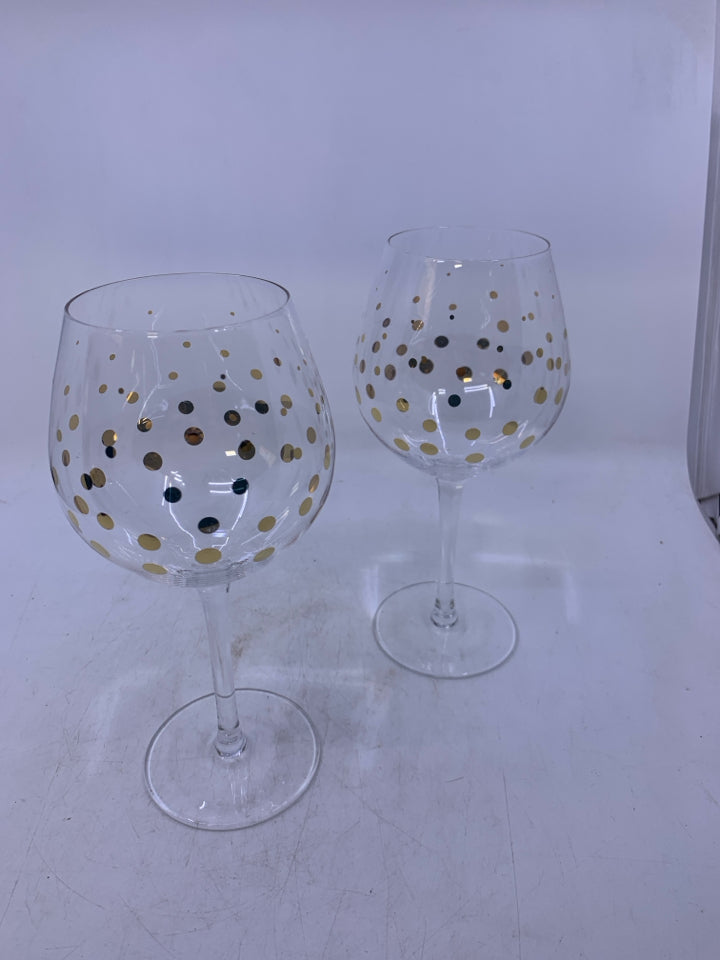 2 CLEAR WINE GLASSES W/ GOLD DOTS.