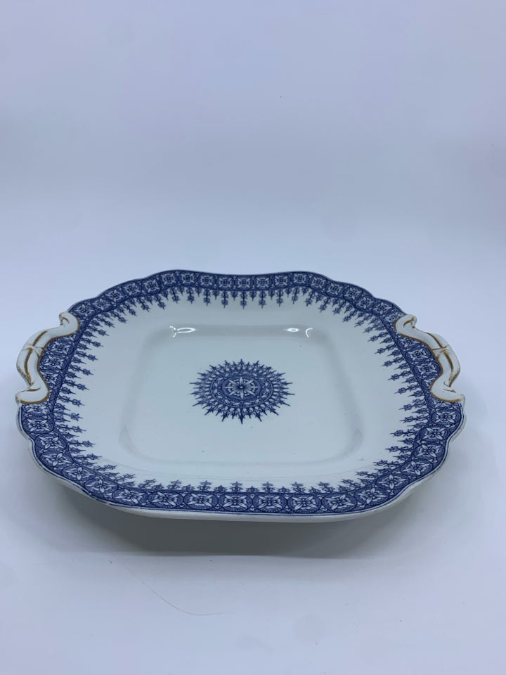 WHITE,BLUE,GOLD PATTERN CERAMIC SERVING DISH.