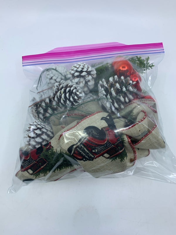 BAG OF WREATH DECOR- TRUCK RIBBON + ORNAMENTS.