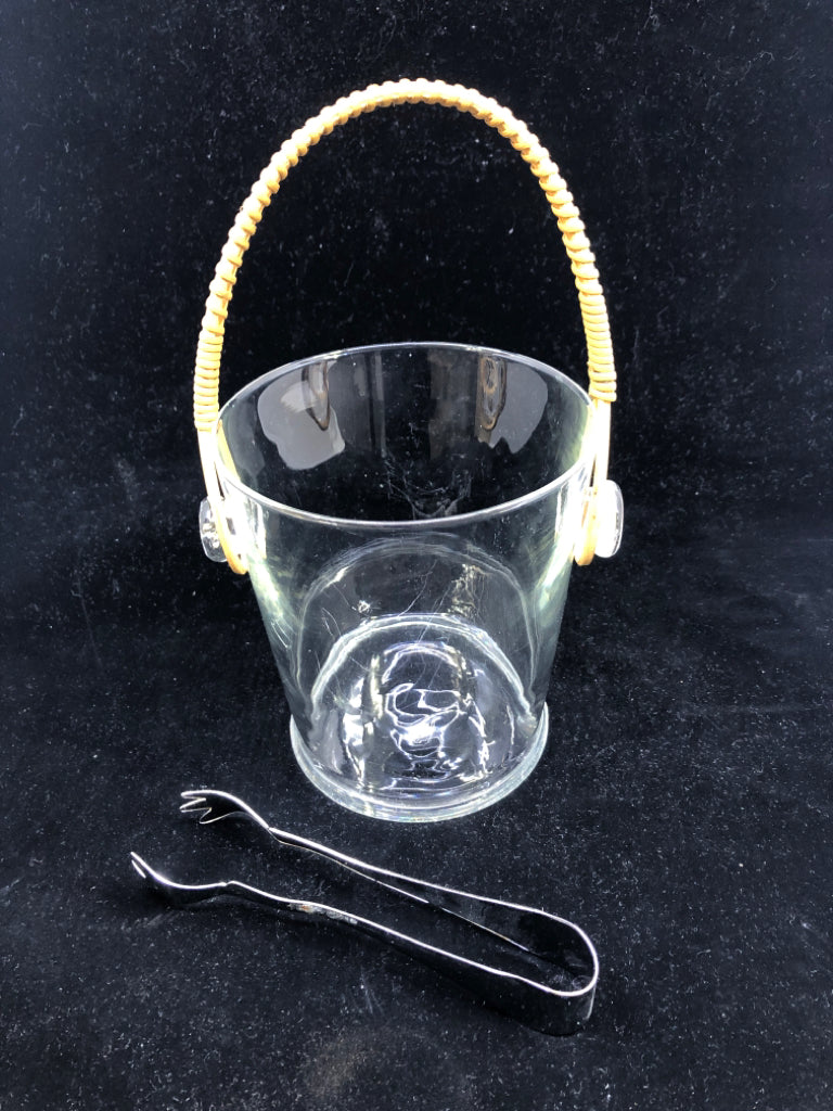 GLASS ICE BUCKET W TWINE HANDLE AND METAL TONGS.